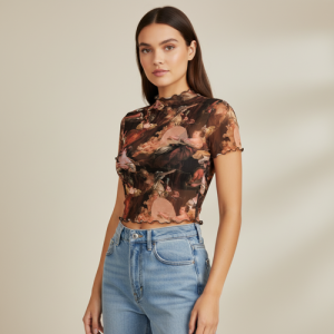 Top | with Unique Print | Sheer Short Sleeve Aesthetic Tee, Ruffled Hem Vintage Streetwear Summer Top