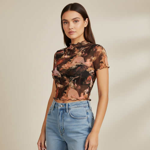 Top | with Unique Print | Sheer Short Sleeve Aesthetic Tee, Ruffled Hem Vintage Streetwear Summer Top