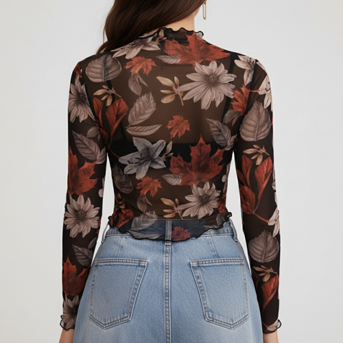 Top | with Unique Print | Sheer Short Sleeve Aesthetic Tee, Ruffled Hem Vintage Streetwear Summer Top - Image 5