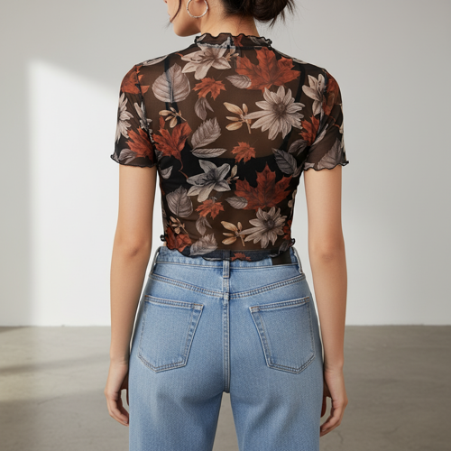 Top | with Unique Print | Sheer Short Sleeve Aesthetic Tee, Ruffled Hem Vintage Streetwear Summer Top - Image 7
