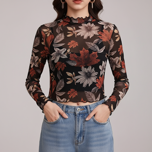 Top | with Unique Print | Sheer Short Sleeve Aesthetic Tee, Ruffled Hem Vintage Streetwear Summer Top - Image 8