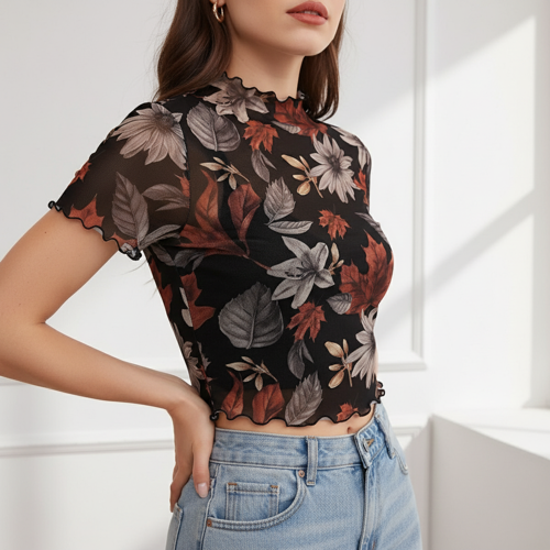 Top | with Unique Print | Sheer Short Sleeve Aesthetic Tee, Ruffled Hem Vintage Streetwear Summer Top - Image 9
