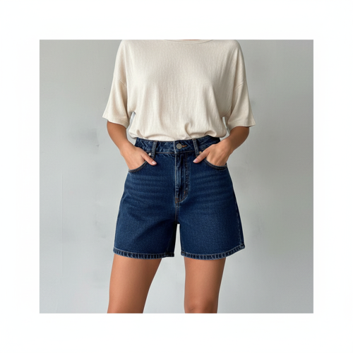 Girl’s & Women’s Dark Blie High Waisted Denim Shorts, 2025 Fashion Vintage Wash, Straight Cut (Short 234 Dark Blue-M) - Image 2