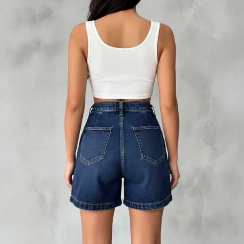 Girl’s & Women’s Dark Blie High Waisted Denim Shorts, 2025 Fashion Vintage Wash, Straight Cut (Short 234 Dark Blue-M) - Image 4