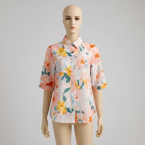 Shirt with Multicolor Floral Print & Half Sleeves, Collar Neck - Image 14