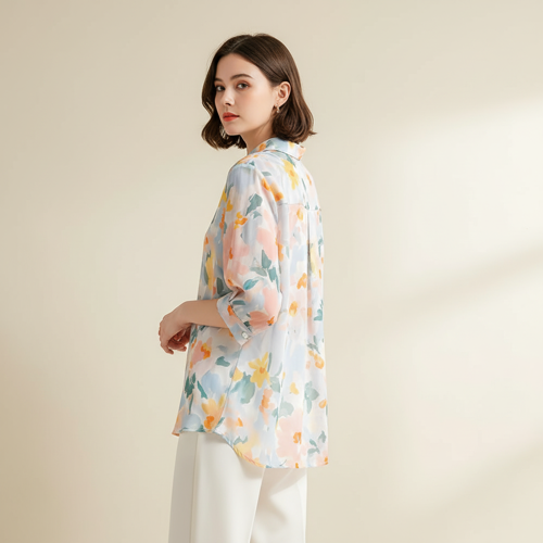 Shirt with Multicolor Floral Print & Half Sleeves, Collar Neck - Image 4