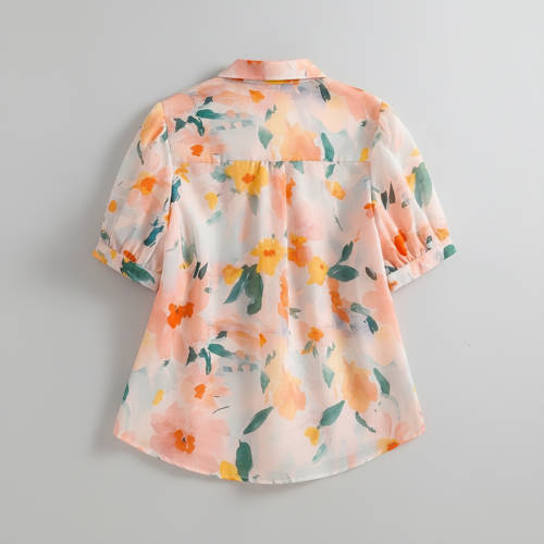 Shirt with Multicolor Floral Print & Half Sleeves, Collar Neck - Image 6