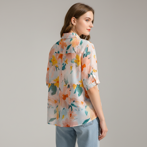 Shirt with Multicolor Floral Print & Half Sleeves, Collar Neck - Image 7