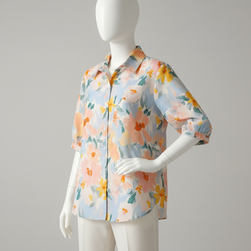 Shirt with Multicolor Floral Print & Half Sleeves, Collar Neck - Image 8