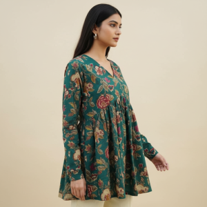 Women Cotton Regular Short Kurti Stylish Floral Printed Top Green, XL