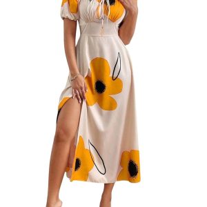 Dress | Women’s Puff Sleeve Floral Printed A Line Maxi | Elegant Tie Front Slit Outfit | Comfortable Beach, Vacation, Party & Holiday Outfit