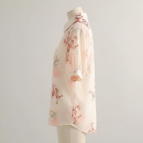 Women’s Cream Floral Printed Western Shirt with Button Down Front, Short Puff Sleeves and Relaxed Fit Silhouette(Cream-M) - Image 2