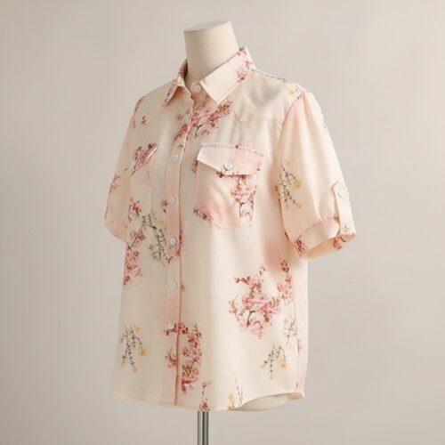 Women’s Cream Floral Printed Western Shirt with Button Down Front, Short Puff Sleeves and Relaxed Fit Silhouette(Cream-M) - Image 4