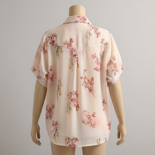 Women’s Cream Floral Printed Western Shirt with Button Down Front, Short Puff Sleeves and Relaxed Fit Silhouette(Cream-M) - Image 5