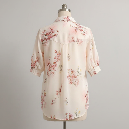 Women’s Cream Floral Printed Western Shirt with Button Down Front, Short Puff Sleeves and Relaxed Fit Silhouette(Cream-M) - Image 6