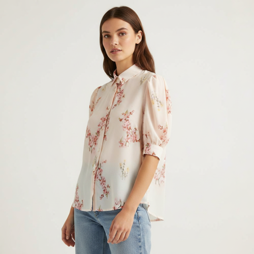Women’s Cream Floral Printed Western Shirt with Button Down Front, Short Puff Sleeves and Relaxed Fit Silhouette(Cream-M) - Image 7