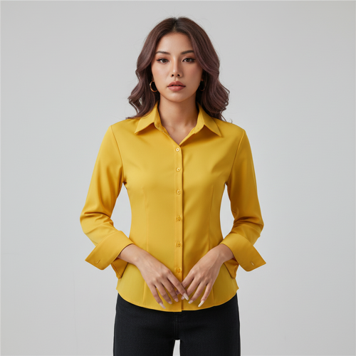 Women Polyester Modern Fit Yellow Solid Front Button Long Sleeve Casual Shirt - Image 2