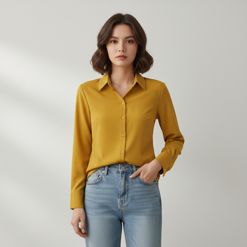 Women Polyester Modern Fit Yellow Solid Front Button Long Sleeve Casual Shirt - Image 3