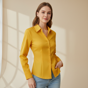 Women Polyester Modern Fit Yellow Solid Front Button Long Sleeve Casual Shirt