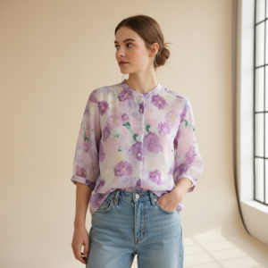 Shirt with Multicolor Floral Print & Half Sleeves, Collar Neck (TOP-124)