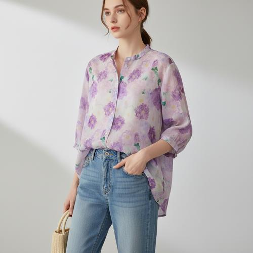 Shirt with Multicolor Floral Print & Half Sleeves, Collar Neck (TOP-124) - Image 7