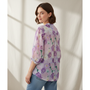 Shirt with Multicolor Floral Print & Half Sleeves, Collar Neck (TOP-124)
