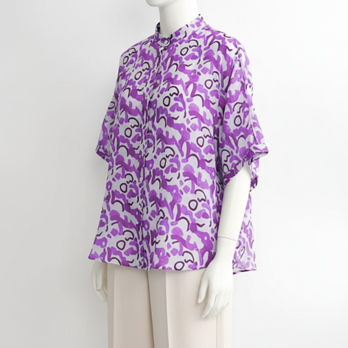 Shirt with Mandarin Collar and Above Elbow Sleeve Relaxed Fit Top - Image 11