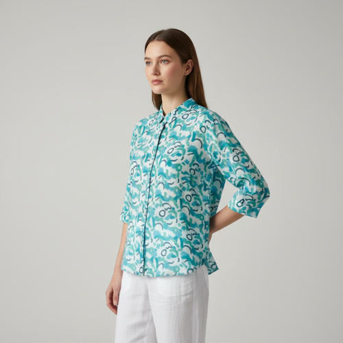 Shirt with Mandarin Collar and Above Elbow Sleeve Relaxed Fit Top - Image 16