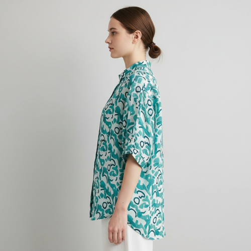 Shirt with Mandarin Collar and Above Elbow Sleeve Relaxed Fit Top - Image 19