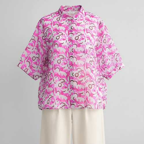 Shirt with Mandarin Collar and Above Elbow Sleeve Relaxed Fit Top - Image 3