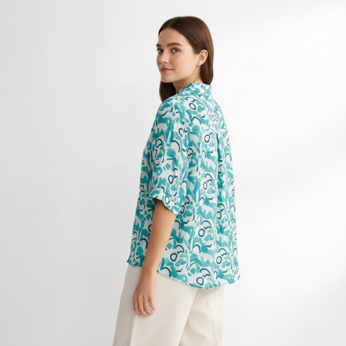 Shirt with Mandarin Collar and Above Elbow Sleeve Relaxed Fit Top - Image 22