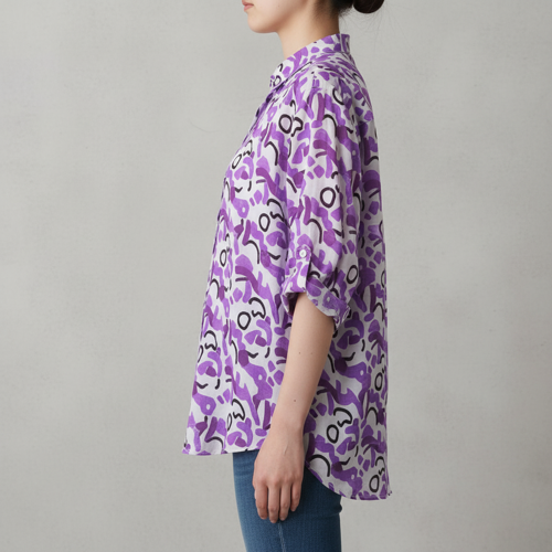 Shirt with Mandarin Collar and Above Elbow Sleeve Relaxed Fit Top - Image 10
