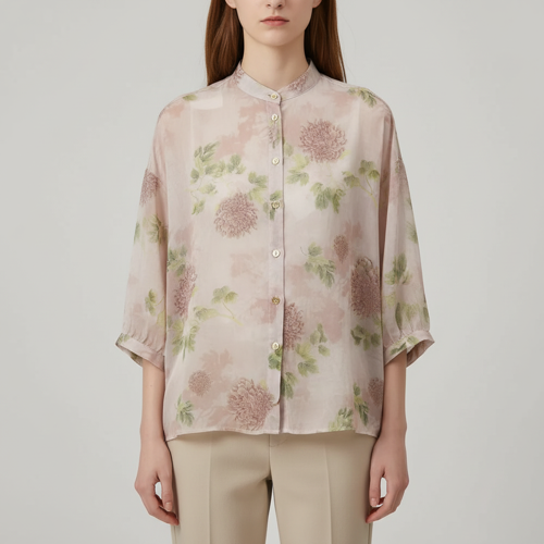 Shirt with Mandarin Collar and Relaxed Fit 3/4 Sleeves - Image 2