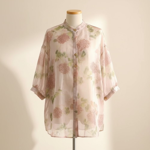 Shirt with Mandarin Collar and Relaxed Fit 3/4 Sleeves - Image 3