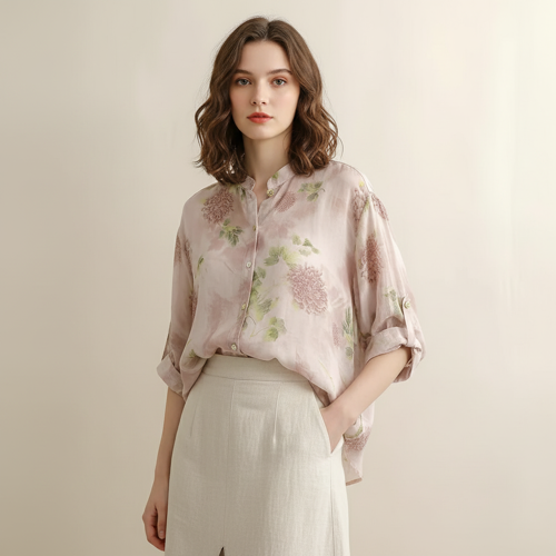 Shirt with Mandarin Collar and Relaxed Fit 3/4 Sleeves - Image 4