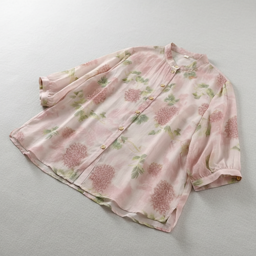 Shirt with Mandarin Collar and Relaxed Fit 3/4 Sleeves - Image 7