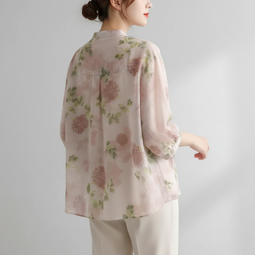 Shirt with Mandarin Collar and Relaxed Fit 3/4 Sleeves - Image 8