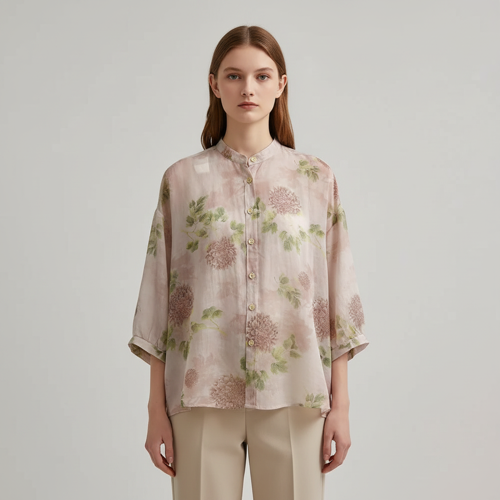 Shirt with Mandarin Collar and Relaxed Fit 3/4 Sleeves - Image 3