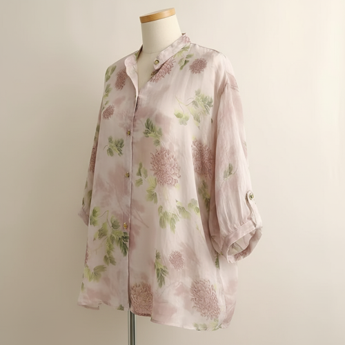 Shirt with Mandarin Collar and Relaxed Fit 3/4 Sleeves - Image 6