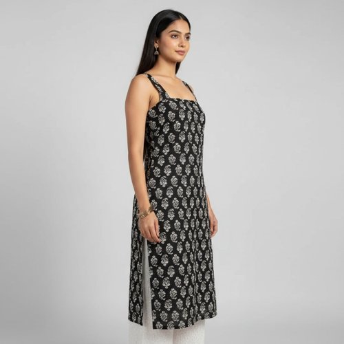 Womens Rayon Sleeveless Square Neck Kurti Lightweight Ethnic Tunic for Summer Stylish Printed Kurta for Casual, Office (Black-M) - Image 2