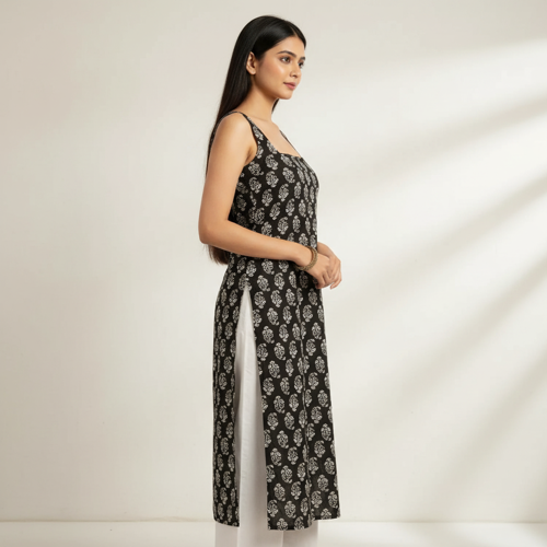 Womens Rayon Sleeveless Square Neck Kurti Lightweight Ethnic Tunic for Summer Stylish Printed Kurta for Casual, Office (Black-M) - Image 3
