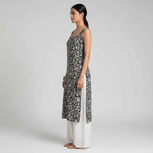 Womens Rayon Sleeveless Square Neck Kurti Lightweight Ethnic Tunic for Summer Stylish Printed Kurta for Casual, Office (Black-M) - Image 4