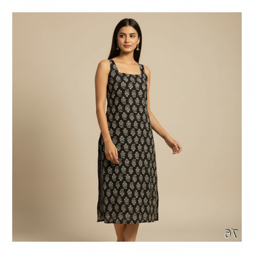 Womens Rayon Sleeveless Square Neck Kurti Lightweight Ethnic Tunic for Summer Stylish Printed Kurta for Casual, Office (Black-M)