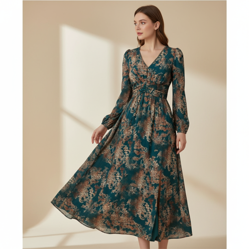 Women’s Elegant A Line Dresses Stylish Summer Long Georgette Western Dress with Floral Prints | Perfect Gaun for Women (LF-WD1341-3XL-BLUE)