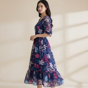 Women’s Georgette Floral Printed Western Gown | Half Sleeve V Neck Fit & Flare Flared Hem Design | A-Line Maxi Dress Casual Wear