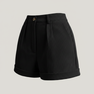 Shorts, Ribbed Poly Lycra Blend Summer Shorts with Pockets & Button Closure, Elegant Folded Hem Casual Wear for College, Brunch & Daily Outings