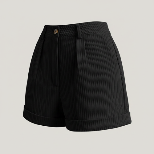 Shorts, Ribbed Poly Lycra Blend Summer Shorts with Pockets & Button Closure, Elegant Folded Hem Casual Wear for College, Brunch & Daily Outings