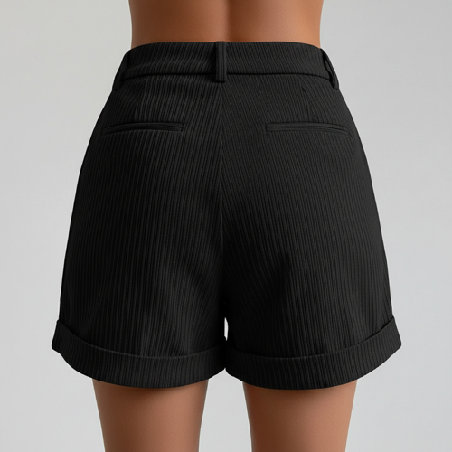 Shorts, Ribbed Poly Lycra Blend Summer Shorts with Pockets & Button Closure, Elegant Folded Hem Casual Wear for College, Brunch & Daily Outings - Image 4