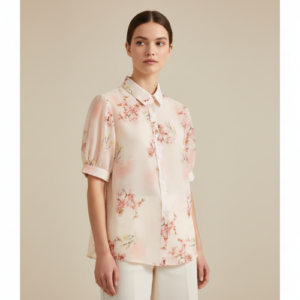 Women's Cream Floral Printed Western Shirt with Button Down Front, Short Puff Sleeves and Relaxed Fit Silhouette(Cream-M)