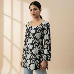 Short Kurti | Cotton Blend Square Neck Full Sleeve Tunic Top | Summer Casual Wear Ethnic Kurta for Girls
